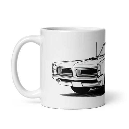 wrap around image of 1965 GTO sketch on white glossy mug