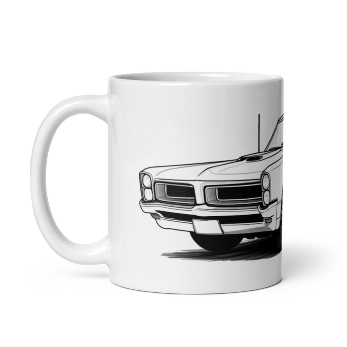 wrap around image of 1965 GTO sketch on white glossy mug
